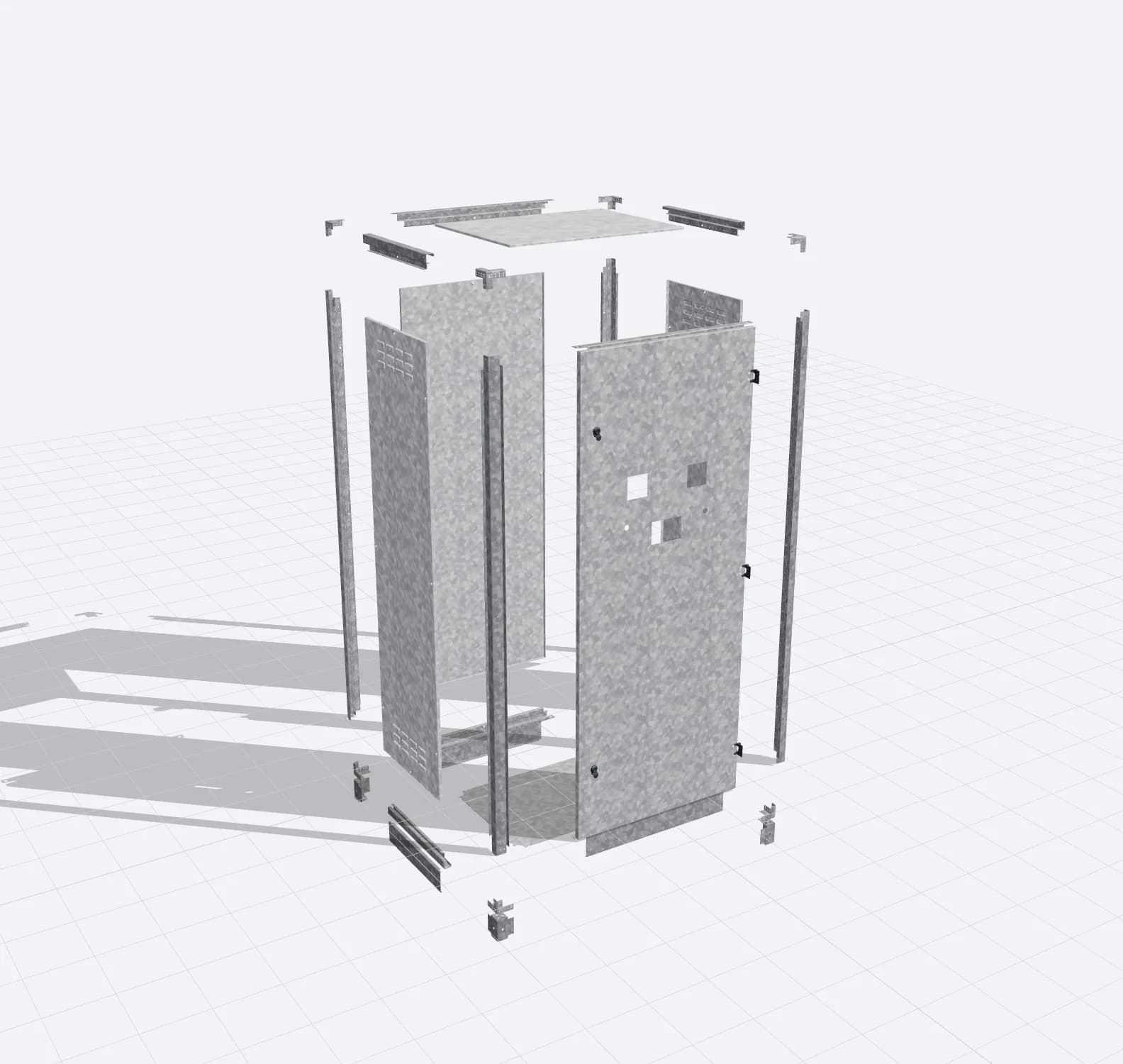 Exploded view of the metal cabinet enclosure: frame, door, louvred side panels, roof and bottom