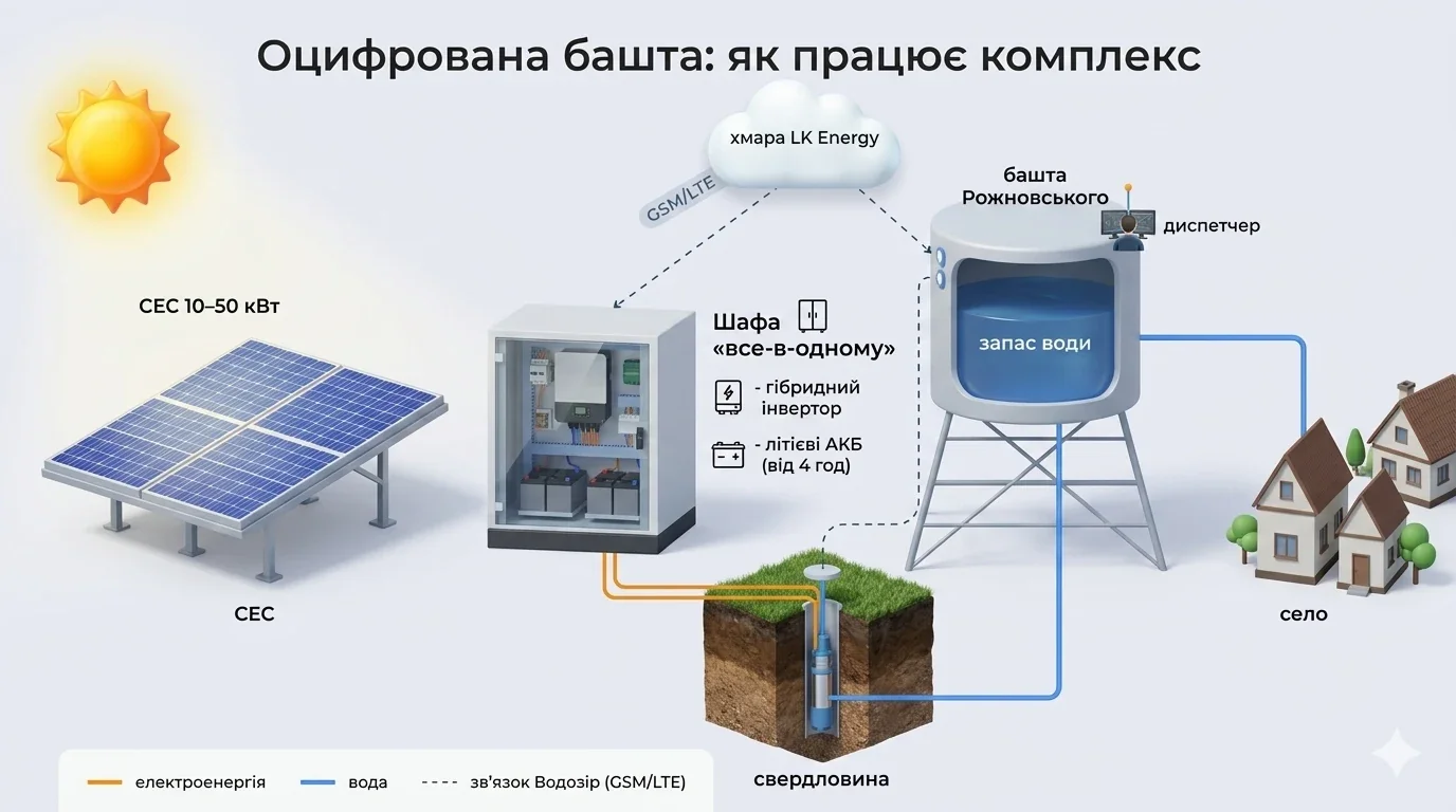 Оцифрованная башня Рожновского: СЭС питает насос, ВодоЗір передает данные диспетчеру