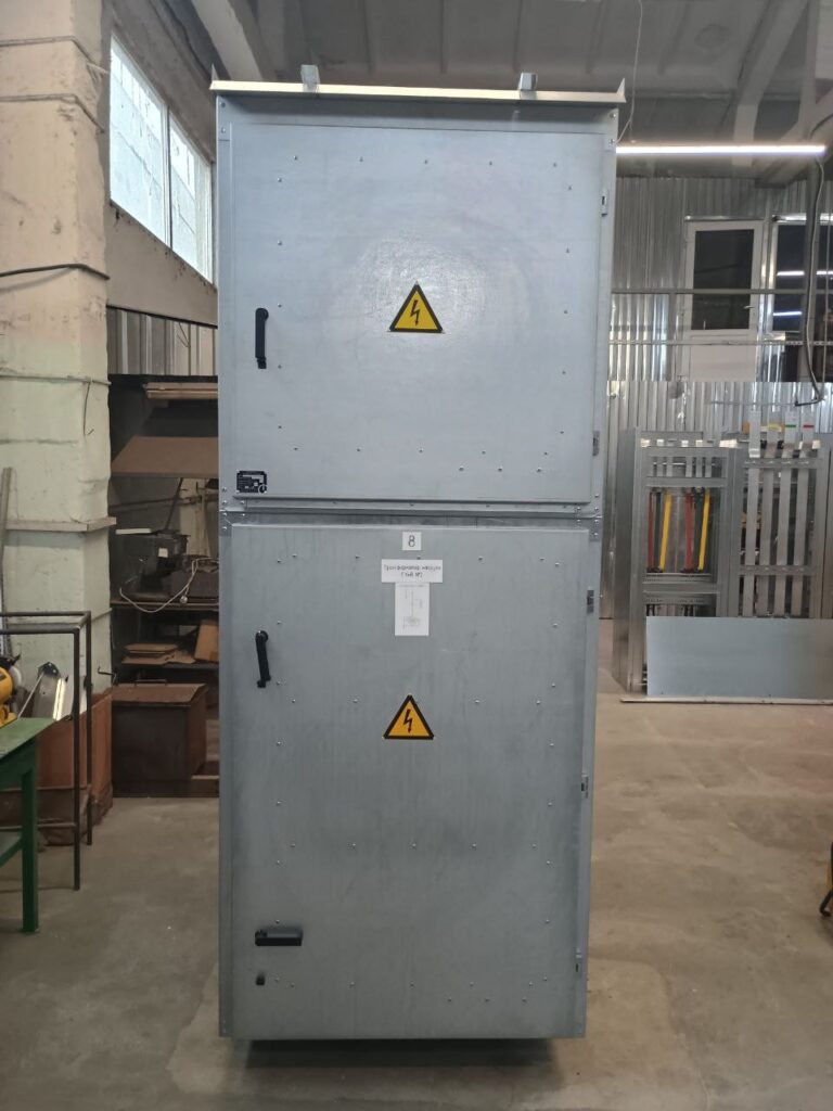 Two-section switchgear cabinet in the production workshop awaiting shipment