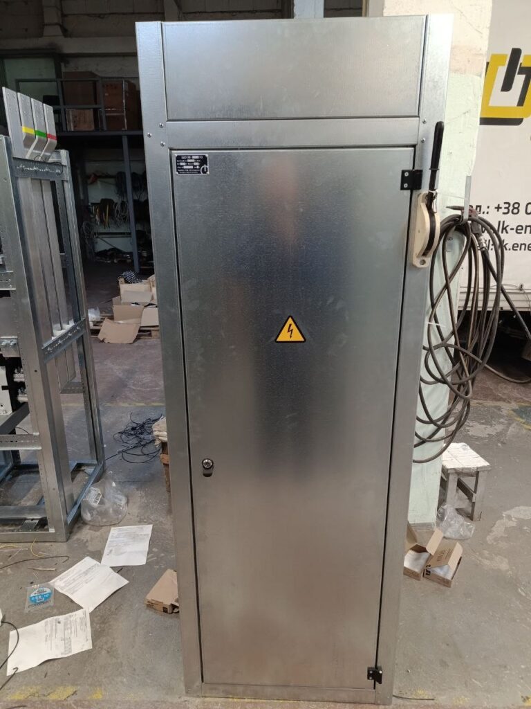 Finished floor-standing cabinet with nameplate ready for shipment from LK Energy facility