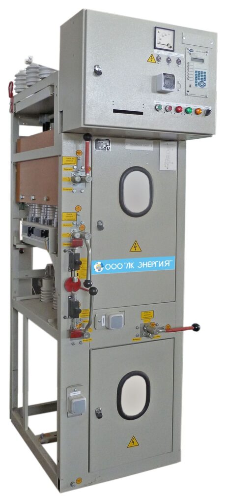 Medium-voltage switchgear cubicle with relay box, inspection windows and operating drives by LK Energy