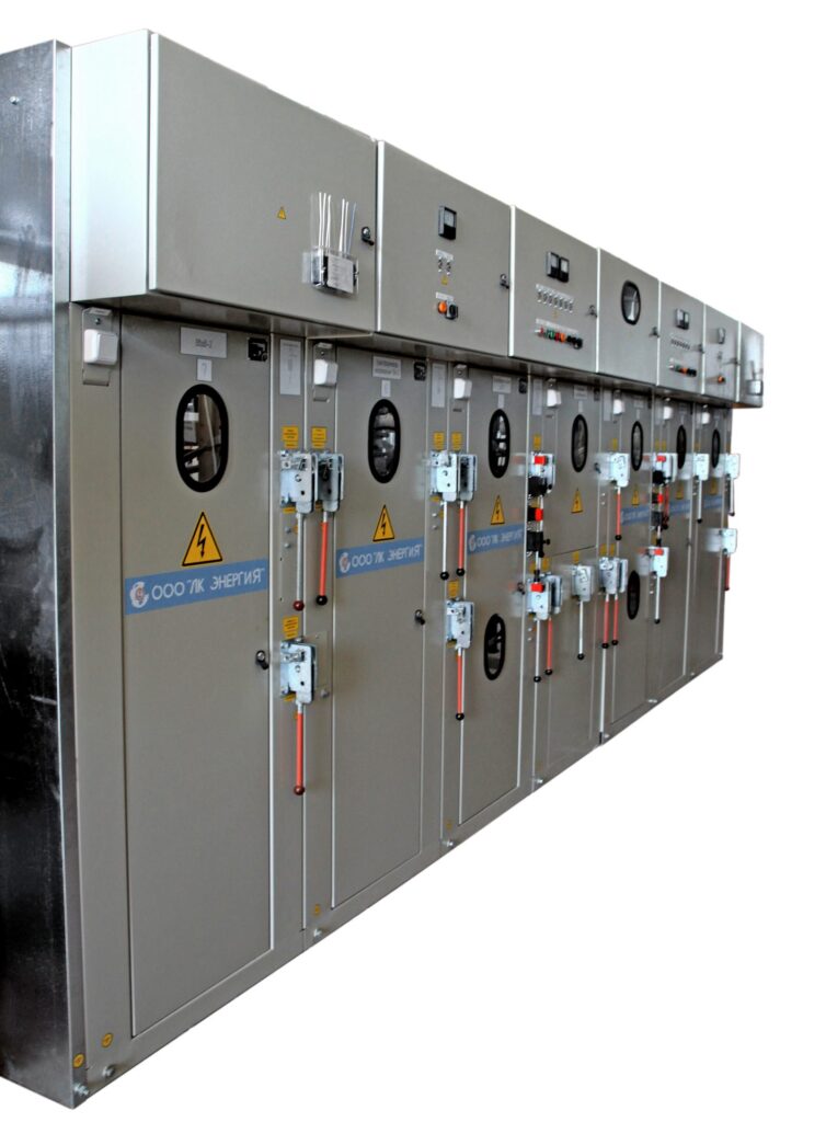 Row of six switchgear cabinets with inspection windows produced by LK Energy