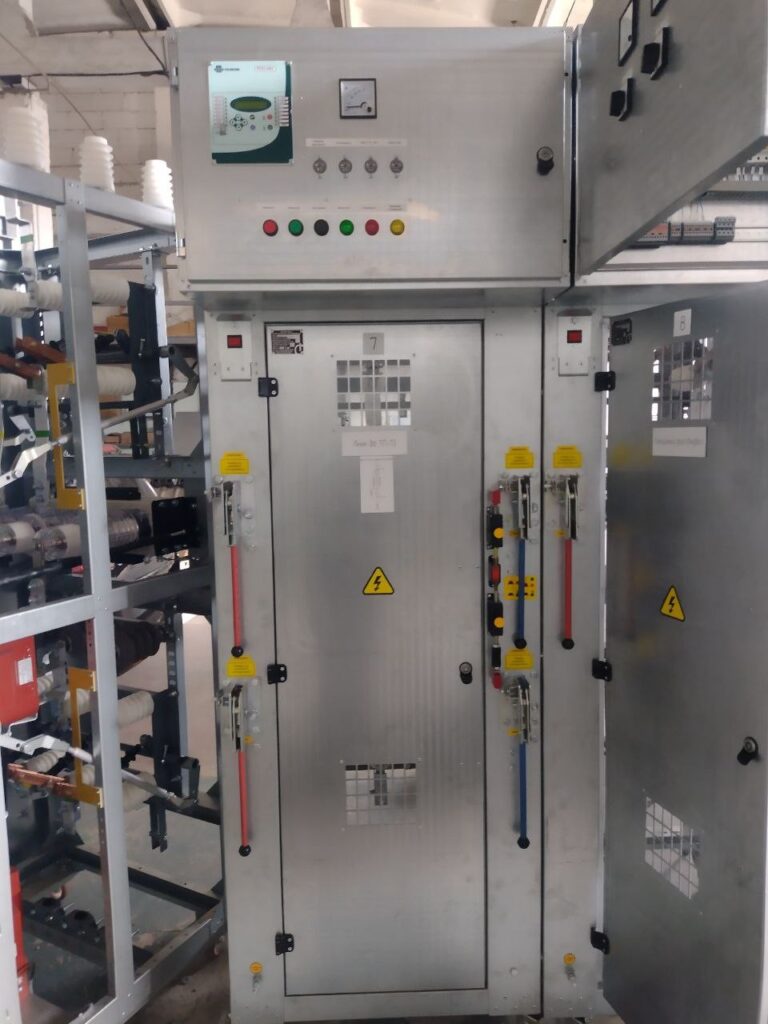 Switchgear cabinet with relay protection unit and measuring instruments in assembly shop