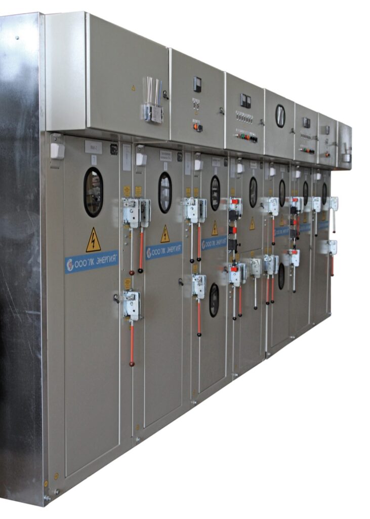 Row of switchgear cubicles by LK Energy with operating drives and viewing windows