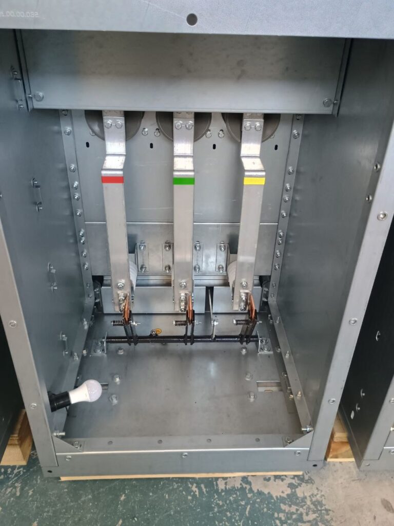 Switchgear cabinet frame with busbar assembly and flexible copper connections during production
