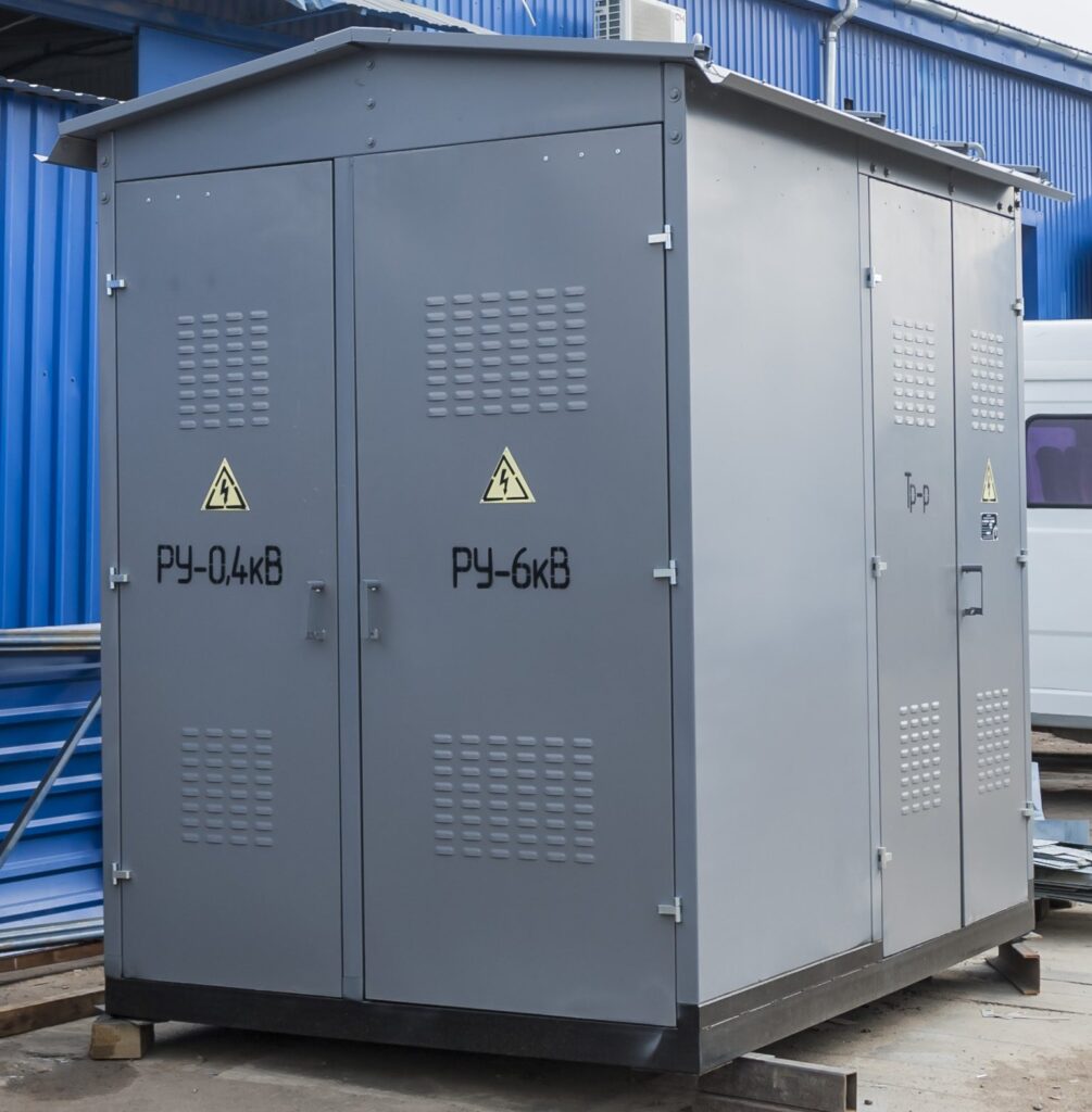 Outdoor packaged transformer substation 6/0.4 kV with switchgear and transformer compartments