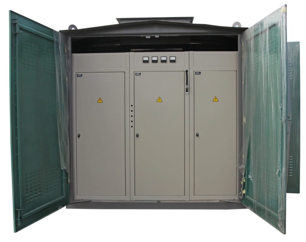 Kiosk-type packaged transformer substation with outer doors open
