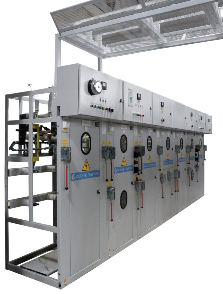 Row of switchgear cubicles with busbar post insulators manufactured by LK Energy