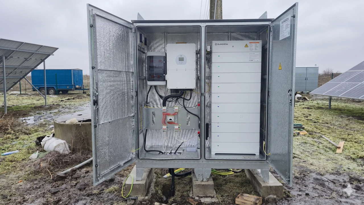 Inside the cabinet: hybrid inverter and LiFePO4 lithium batteries