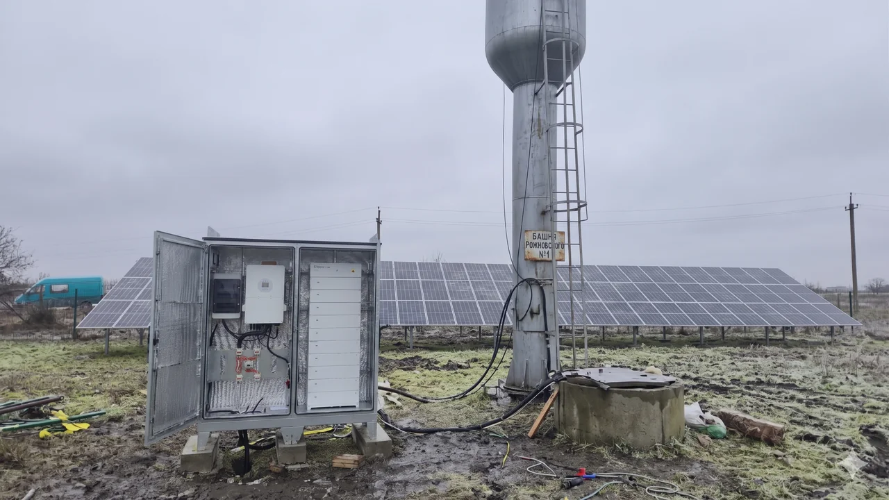 Completed solar power complex for a well: solar plant, insulated cabinet and Rozhnovsky water tower