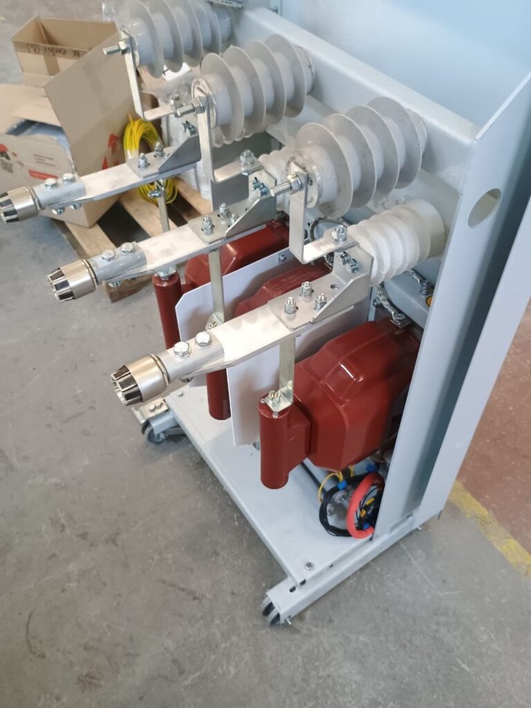 10 kV disconnector with knife contacts on post insulators during assembly