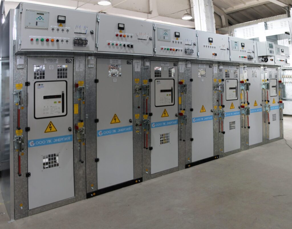 Row of switchgear cubicles in the assembly shop, manufactured by LK Energy