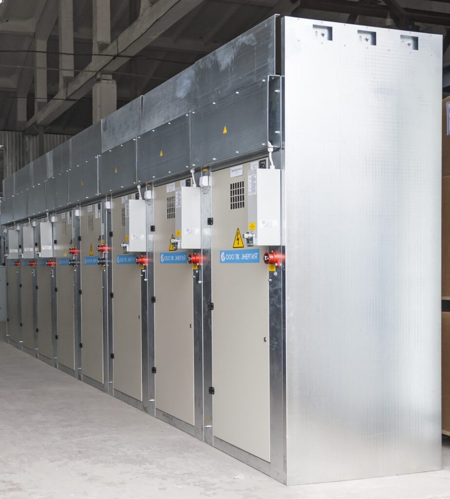 Row of switchgear cabinets in production workshop, manufactured by LK Energy