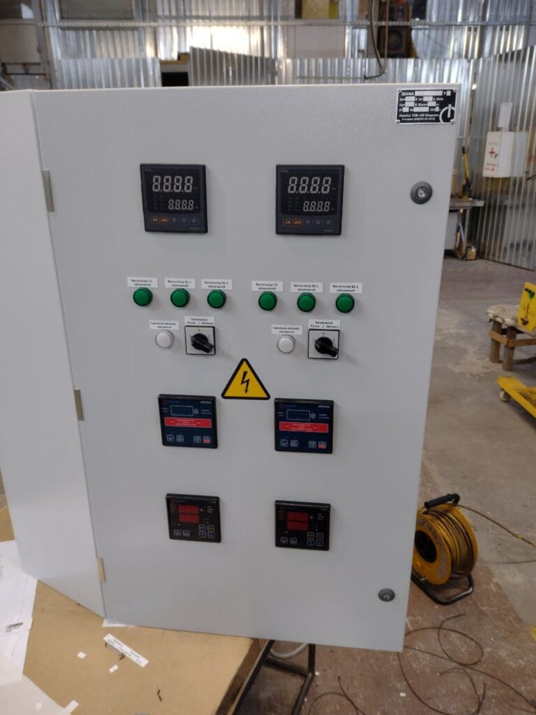 Ventilation control cabinet with temperature controllers and indicator lamps, manufactured by LK Energy