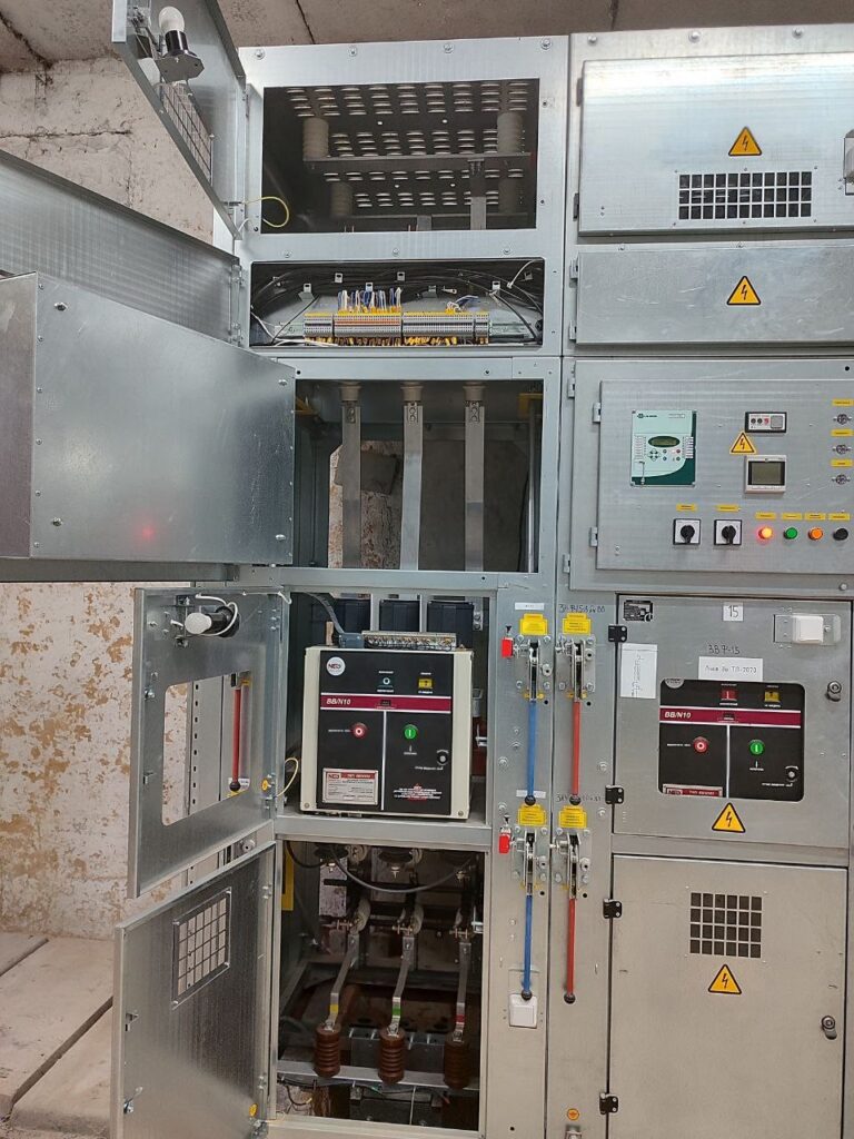 Medium voltage switchgear cubicles with 10 kV vacuum circuit breakers during installation