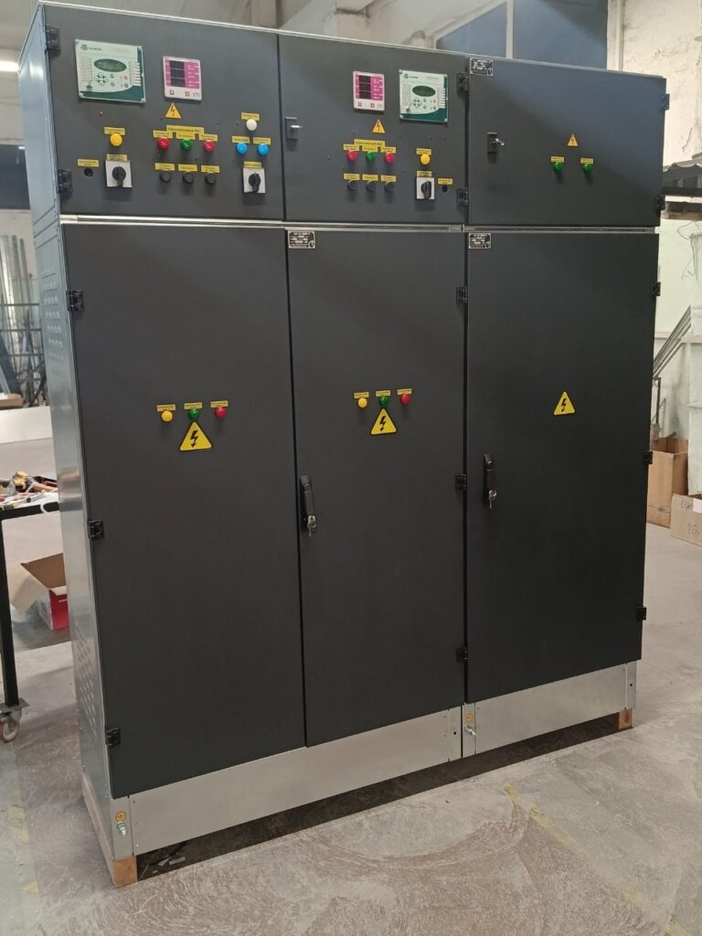 Dark grey switchgear sections with microprocessor relays and digital metering instruments