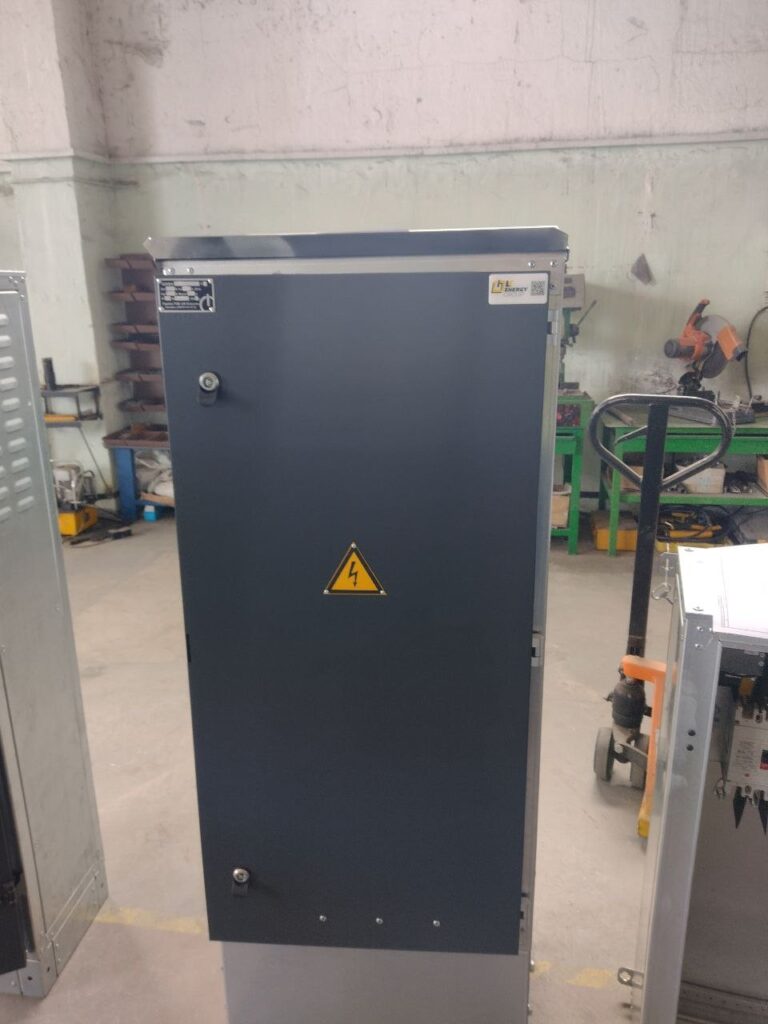 Outdoor vandal-proof steel cabinet with rain canopy manufactured by LK Energy