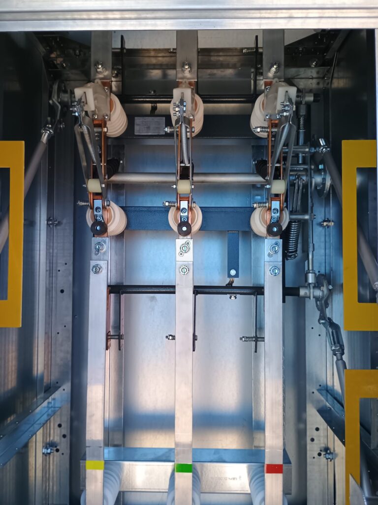 Inside view of 6-10 kV switchgear cell with switching device on post insulators