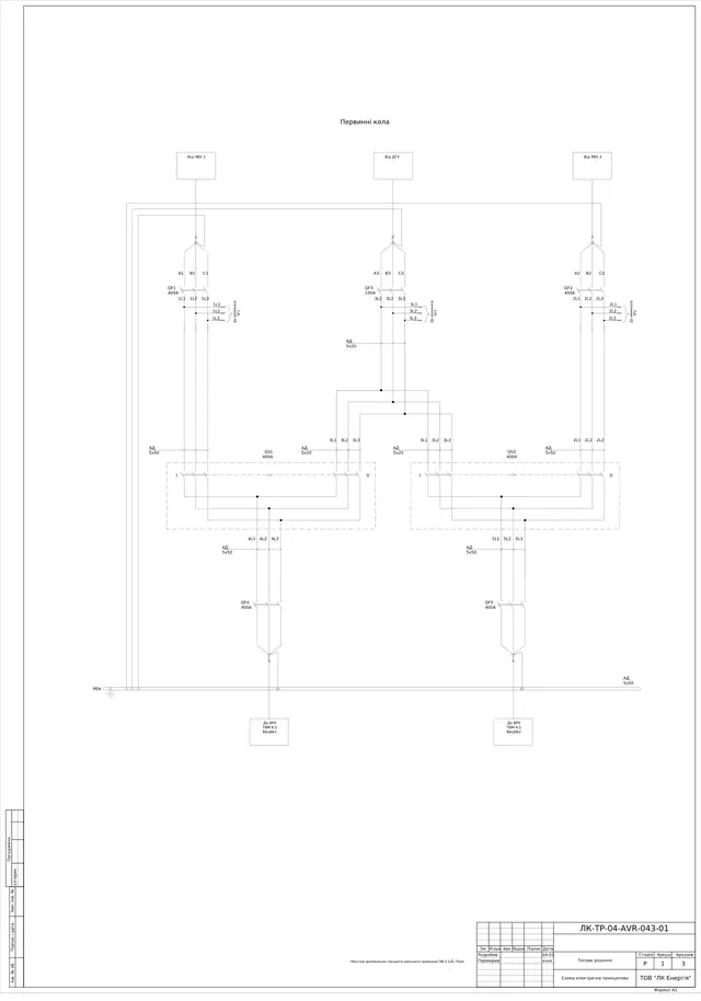 ATS cabinet (2 mains + genset) 0.4 kV 400 A on motorised MLBS 400 switch: schematic diagram — LK-TR-04-AVR-043