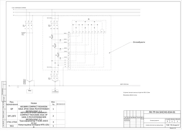 0.4 kV cabinet with Compact NSX160B and NSX400N breakers, 200/5 CTs, KP5 test block: schematic diagram — LK-TR-04-SHCHO-034