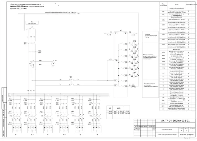 PFC cabinet 0.4 kV with PFC 8 RS controller, 2.5–30 kvar steps and FMC3 160 A breaker: schematic diagram — LK-TR-04-SHCHO-038