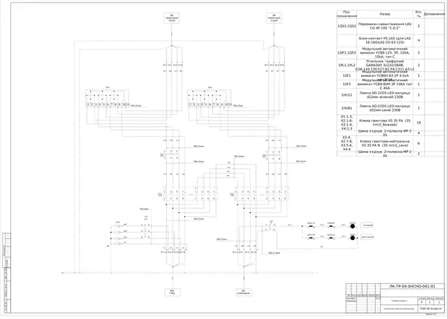 0.4 kV inverter board with LAS CO 4P 100 changeover, YCB9-125 100 A breaker and bypass: schematic diagram — LK-TR-04-SHCHO-041