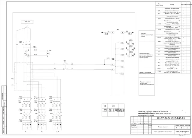 PFC cabinet 0.4 kV with PFC 6 RS, MO C12.5/C20 contactors, LPC 5–15 kvar capacitors: schematic diagram — LK-TR-04-SHCHO-043