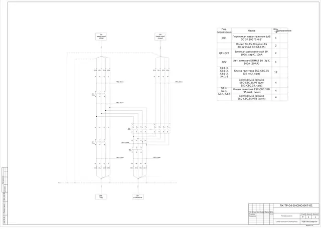0.4 kV inverter board with LAS CO 3P 100 changeover and ETIMAT 100 A breaker: schematic diagram — LK-TR-04-SHCHO-047