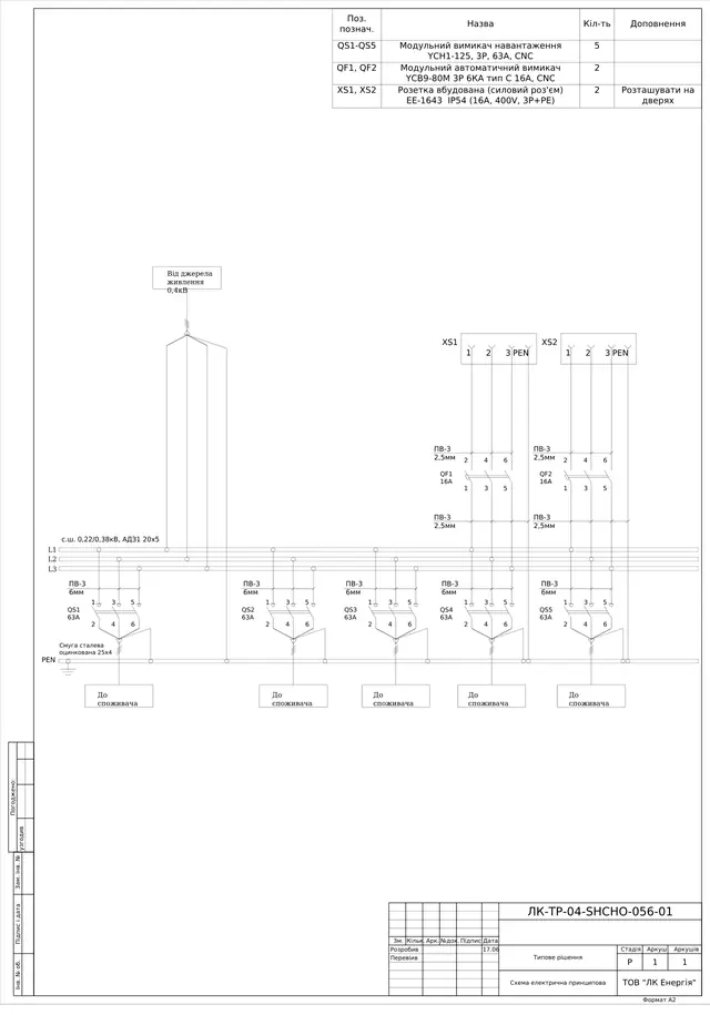 0.4 kV socket board with YCH1-125 63 A load switch and door-mounted 16 A socket: schematic diagram — LK-TR-04-SHCHO-056