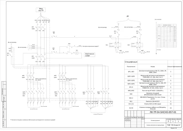 Lighting board 0.4 kV with VA-72 100 A breaker, door-open monitoring and CCTV supply: schematic diagram — LK-TR-04-SHCHO-057