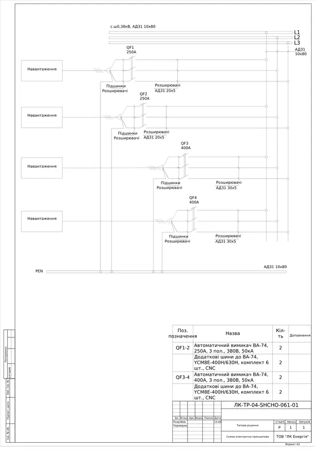 0.4 kV switchgear with 1000–1600 A switches, VA-78 1000 A, RPS switches with PN22 fuses: schematic diagram — LK-TR-04-SHCHO-061