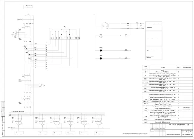 0.4 kV board with RB-1 100 A switch, CES 105.22 contactor and VA-71 25–63 A feeders: schematic diagram — LK-TR-04-SHCHO-064