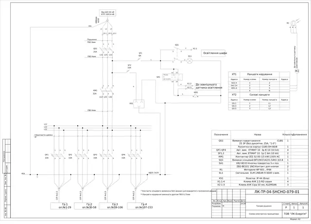 0.4 kV lighting control cabinet with FR 601 photo relay and CES 32 contactor: schematic diagram — LK-TR-04-SHCHO-079