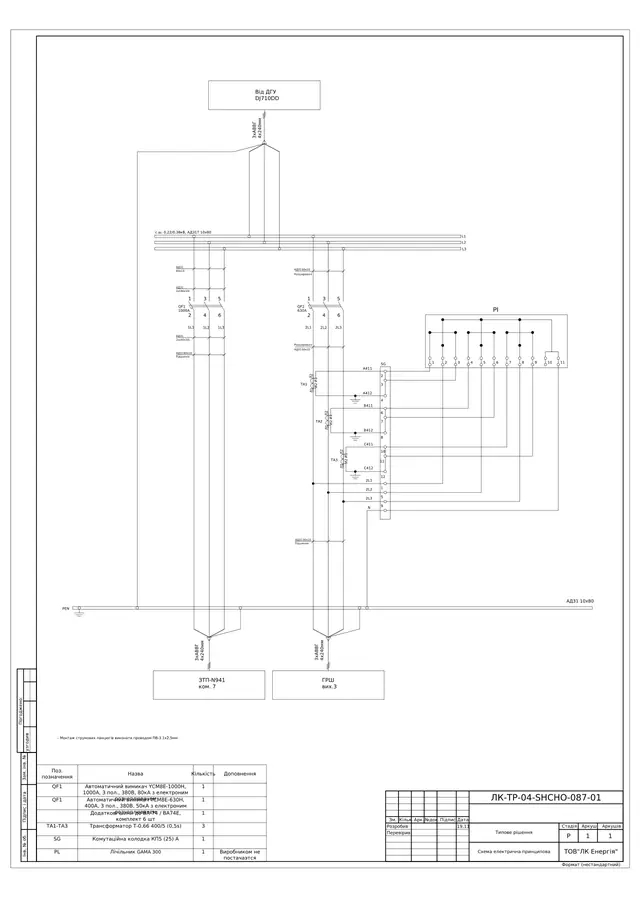 0.4 kV switchgear with genset incomer, YCM8E 1000/630 A breakers, PFC unit (PFC 6 RS): schematic diagrams — LK-TR-04-SHCHO-087