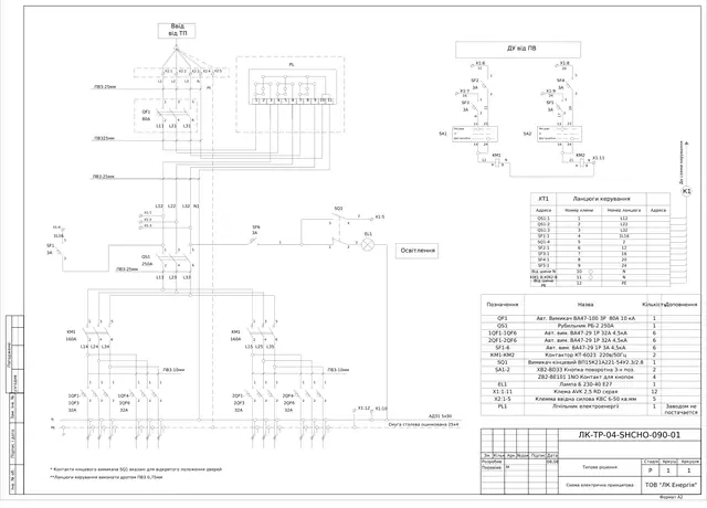 0.4 kV lighting control cabinet with RB-2 250 A switch-disconnector and KT-6023 contactor: schematic diagram — LK-TR-04-SHCHO-090
