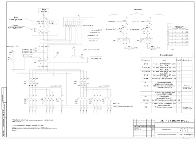 0.4 kV lighting control cabinet with KMI-35012 50 A contactor and I-0-II selector switch: schematic diagram — LK-TR-04-SHCHO-100
