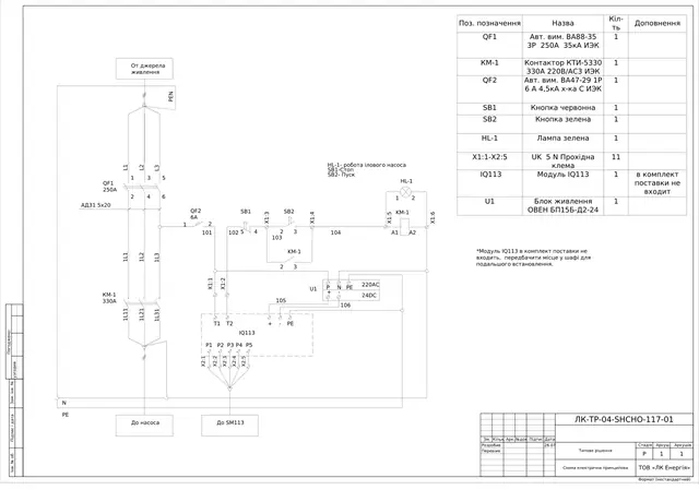 0.4 kV pump control cabinet, KTI-5330 330 A contactor, manual/auto modes, IQ113 module: schematic diagram — LK-TR-04-SHCHO-117