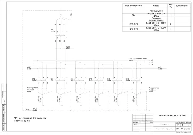 0.4 kV board with disconnector and breakers with 400/250 A pole extenders: schematic diagram — LK-TR-04-SHCHO-122