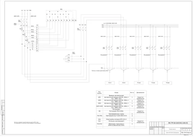 0.4 kV board with RB-4 400 A disconnector and three VA73E/VA72E feeders: schematic diagram — LK-TR-04-SHCHO-144