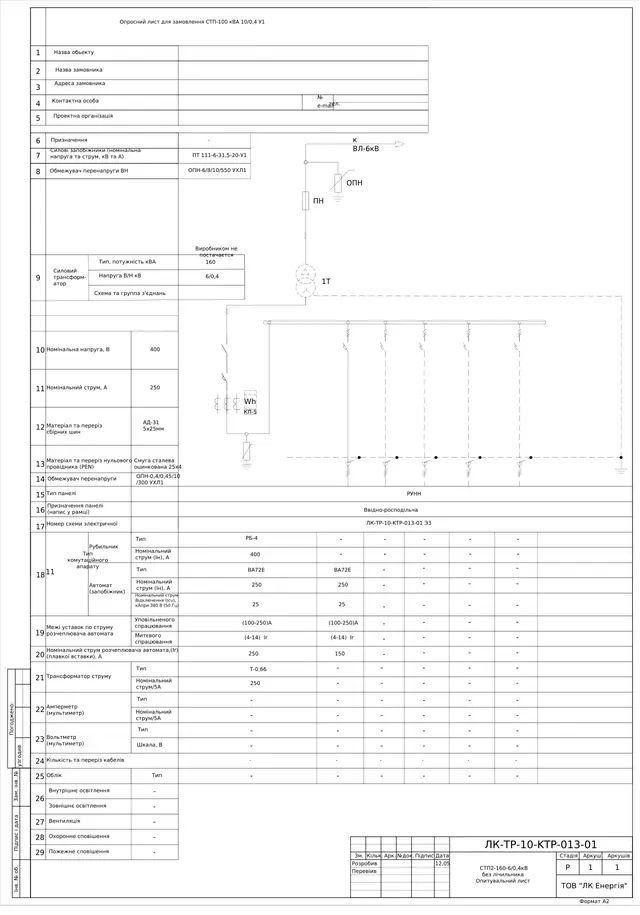 СТП2-160 6/0,4 кВ без лічильника: РУНН з рубильником РБ-4 400 А, ОПН-6 — опитувальний лист — ЛК-ТР-10-KTP-013