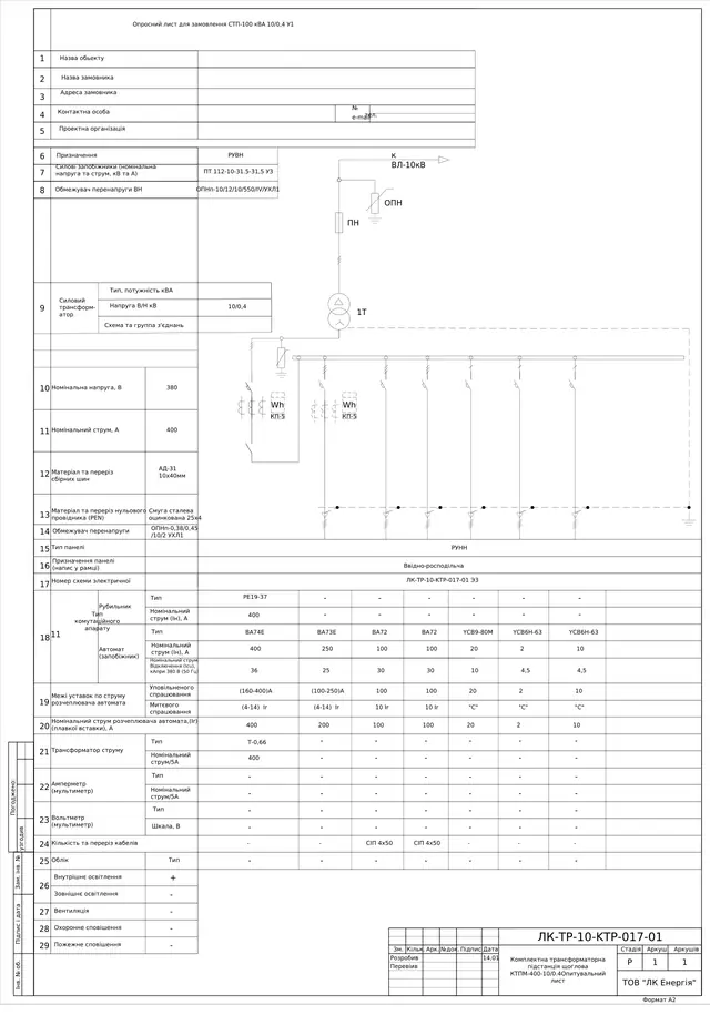 КТПМ-400-10/0,4 щоглова: РУНН з рубильником РЕ19-37 400 А, вуличне освітлення, ОПНп-10 — опитувальний лист — ЛК-ТР-10-KTP-017