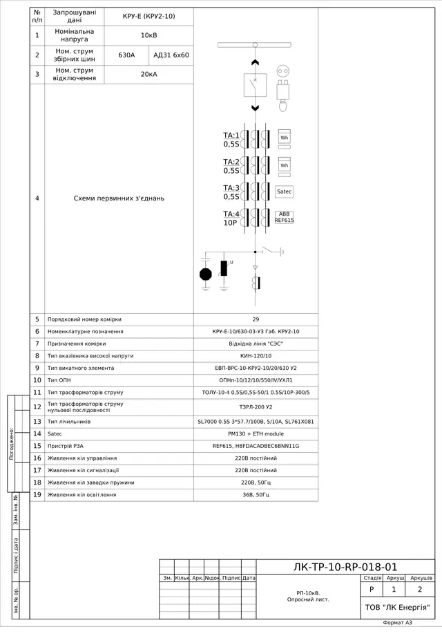 КРУ 10 кВ з ABB REF615: опитувальний лист, план розміщення — ЛК-ТР-10-RP-018